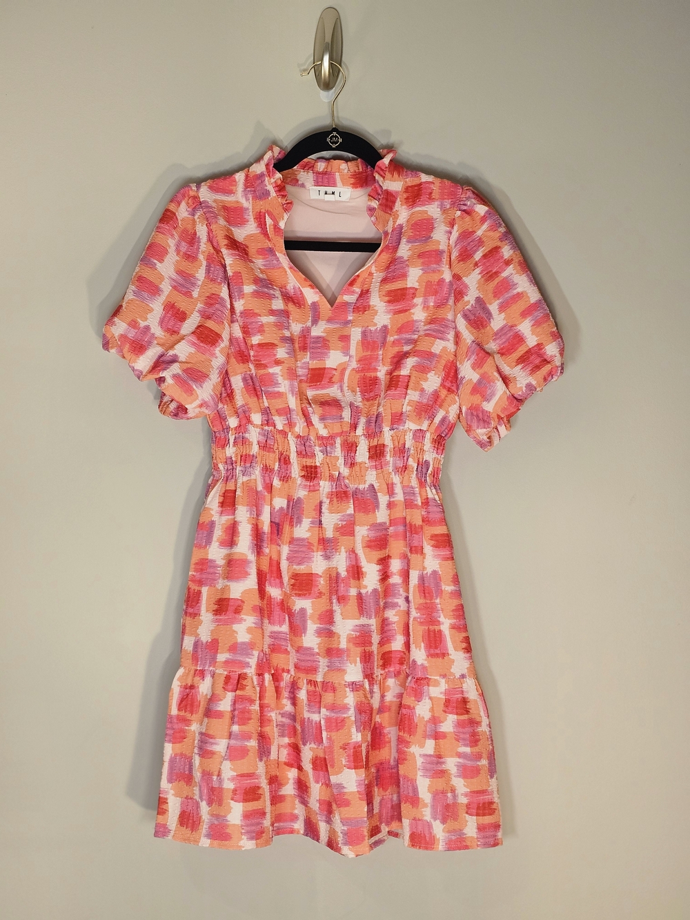 THML Pink Orange Brushstroke Smocked Waist Mini Dress